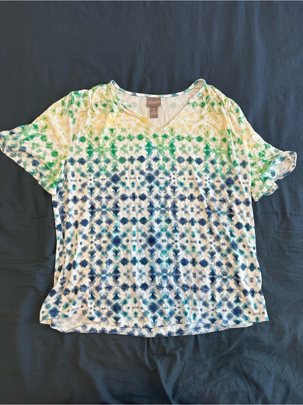 Chico's Blue, Green & Yellow Tie-Dye V-Neck Short Sleeve Top - Size 2/Large